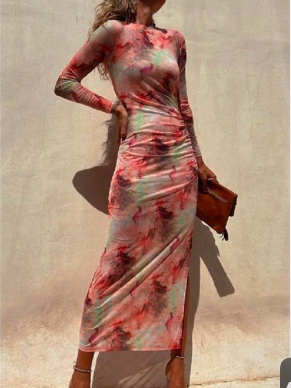 Long-Sleeve Coral Multi Tie-Dye Maxi Dress